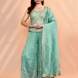 Turquoise Blue Tissue Silk Indo-Western Set