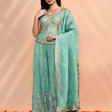 Turquoise Blue Tissue Silk Indo-Western Set