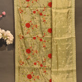 Sage Green Silk Saree With Hand Embroidered Rose Vines