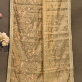Beige Organza Tissue Saree With Hand Embroidered Bird And Floral Motifs