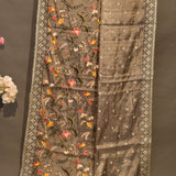 Grey Organza Tissue Designer Saree With Multicolor Floral Embroidery And Silver Zari Border