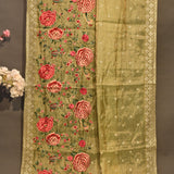 Elegant Olive Green Organza Tissue Saree With Hand-Embroidered Roses, Birds & Gold Border