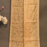 Ethereal Beige Designer Organza Tissue Saree With Gold Embroidered Floral Design