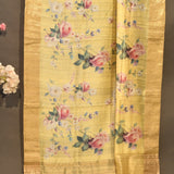 Pastel Lemon Yellow Sheer Organza Printed Saree With Watercolor English Rose Motifs And Gold Zari Border
