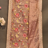 Elegant Mauve Organza Tissue Saree With Gold Embroidered Floral & Vine Design