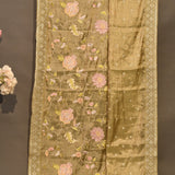Luxury Gold Organza Tissue Designer Saree With Pastel Floral Embroidery