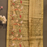 Elegant Golden Organza Tissue Saree With Hand-Embroidered Birds & Floral Motifs
