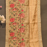 Exquisite Beige Organza Tissue Saree With Hand-Embroidered Large Rose Florals & Gold Border