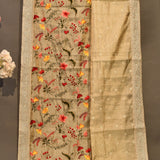 Graceful Beige Organza Tissue Saree With Hand-Embroidered Botanical Floral Design
