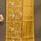 Vibrant Yellow Organza Tissue Saree With Hand-Embroidered Roses, Birds & Botanical Design