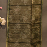 Olive Green Organza Tissue Printed Saree With Gold Zari Border