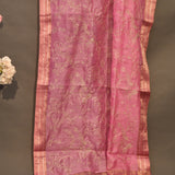 Soft Pastel Pink Sheer Organza Saree With Peach Floral Clusters And Woven Gold Zari Border