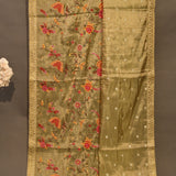 Olive Green Organza Tissue Embroidered Saree With Floral And Butterfly Motifs