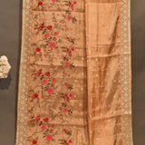 Charming Peach Organza Tissue Saree With Hand-Embroidered Floral Garden & Bird Motifs