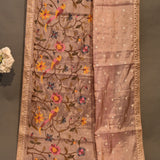 Enchanting Dusty Rose Designer Organza Tissue Saree With Embroidered Floral & Bird Motifs