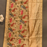 Elegant Beige Organza Tissue Saree With Hand-Embroidered Mughal Birds & Botanical Design