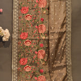 Brown Organza Tissue Designer Saree With Floral And Animal Embroidered Border Highlight