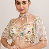 Pastel White Net Embroidered Lehenga Set