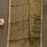 Olive Green Printed Organza Tissue Saree With Embroidered Zari Border