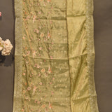 Beige Organza Tissue Saree With Embroidered Birds And Floral Motifs With Gold Border