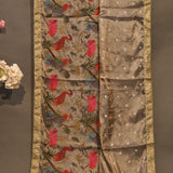 Grey Organza Tissue Saree With Embroidered Red Parrots And Floral Design With Gold Border