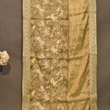 Beige Tissue Saree With Hand-Painted Floral And Bird Design With Gold Border