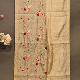 Beige Organza Tissue Saree With Hand-Painted Floral Design And Gold Zari Border