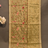 Gold Organza Tissue Saree With Embroidered Pink Floral And Gold Border