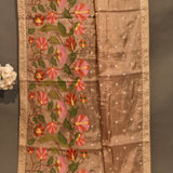 Brown Tissue Saree With Embroidered Multi-Color Floral Design And Gold Border