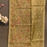 Live Green Organza Tissue Saree With Bird And Floral Embroidery