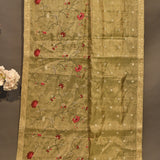Classic Beige Organza Tissue Saree With Delicate Pink Floral Buttis And Woven Gold Zari Border