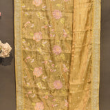 Mustard Gold Silk Saree With Hand Embroidered Floral Vines