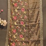 Elegant Brown Tissue Saree With Floral Jaal And Butti Work