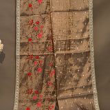 Brown Designer Organza Tissue Saree With Hand-Painted Floral & Bird Embroidery