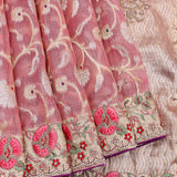 Pink Banarasi Weave Kanjivaram Saree With Multicolour Floral Embroidered Border