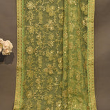 Sage Green Net Saree With Hand Embroidered Gold Sequin Florals