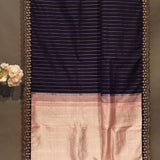 Navy Blue And Vibrant Pink Kanchipuram Silk Saree With Traditional Pure Gold Zari Korvai Border