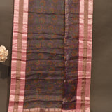 Navy Floral Printed Organza Saree With Pink Pattu Border