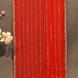 Stunning Red Organza Saree With Gold & Silver Beaded Stripes & Scalloped Border