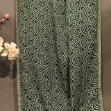 Elegant Forest Green Cotton Designer Saree With White Bandhani Tie-Dye Scalloped Pattern & Gold Embroidered Border