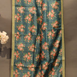 Elegant Forest Green Printed Saree With Coral Rose Floral Design, Red Pallu & Gold Embroidered Border