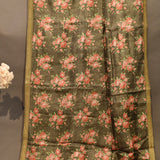 Olive Green Sheer Organza Saree With Crimson Red Floral Jaal And Contrast Gold Zari Border
