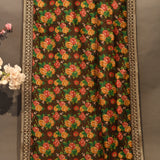 Stunning Chocolate Brown Printed Saree With Vibrant Rose Floral Design & Gold Embroidered Border