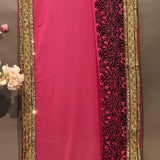 Stunning Bright Pink Georgette Saree With Black Lace Embroidered Pallu & Gold Sequin Border