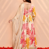Off-White Satin Crepe Floral Printed Anarkali Set