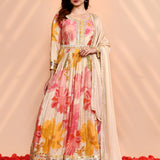 Off-White Satin Crepe Floral Printed Anarkali Set