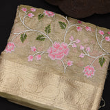 Beige Embroidered Tissue Saree With Pink Rose Vine