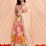Off-White Satin Crepe Floral Printed Anarkali Set