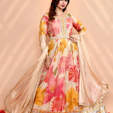 Off-White Satin Crepe Floral Printed Anarkali Set