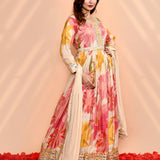 Off-White Satin Crepe Floral Printed Anarkali Set